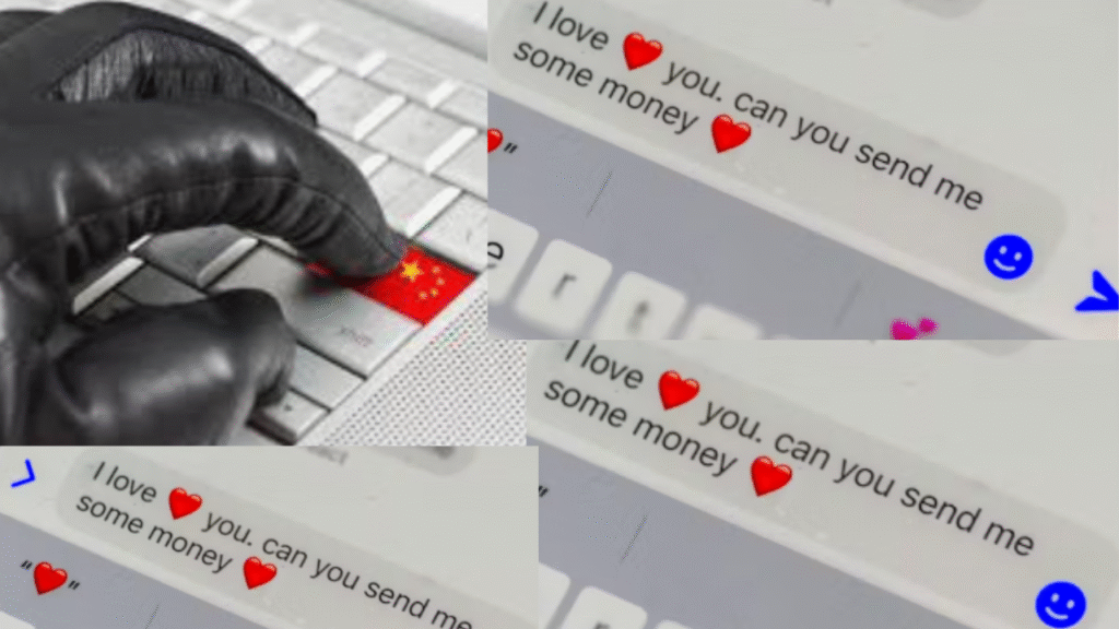 A gloved hand typing on a keyboard with scam messages asking for money, highlighting romance fraud tactics to help avoid Nigerian scams.
