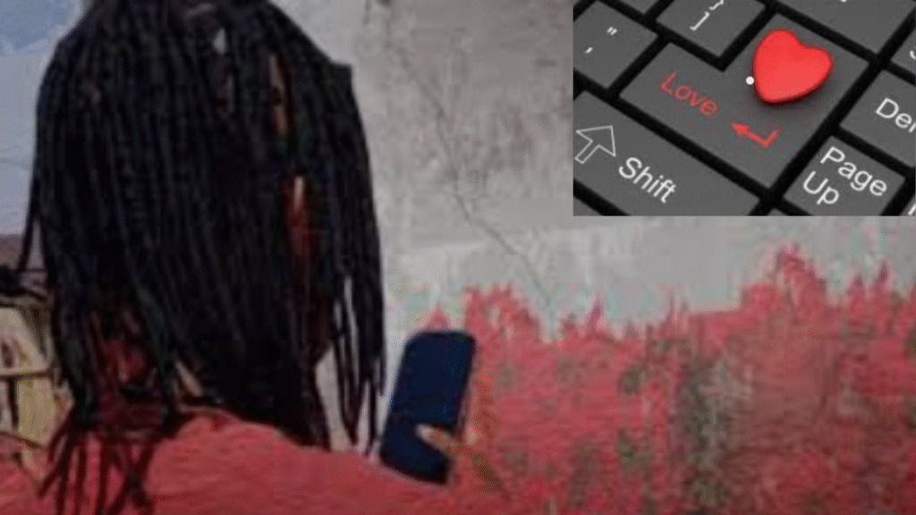 Woman using a smartphone with a digital love symbol on a keyboard, representing the emotional manipulation in online romance scams. Learn how to avoid Nigerian scams.