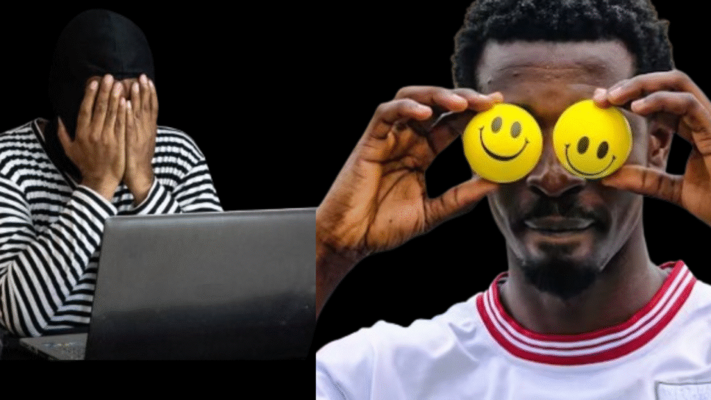 A frustrated scammer hiding face beside a confident man holding smiley faces over his eyes — concept image for how to avoid Nigerian scams.