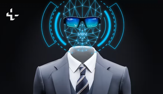Digital illustration of a faceless person in a business suit with a virtual networked head wearing sunglasses, representing online identity protection and cybersecurity awareness for adults.