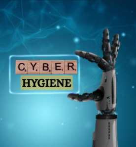 A digital artwork showing a hacker in a red hoodie with a glowing mask on the left and a hand spraying disinfectant toward the word "CYBERSECURITY" spelled out in Scrabble tiles, symbolizing protection against cyber threats.