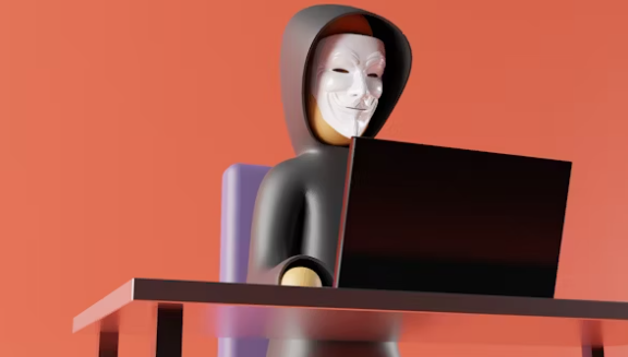 3D illustration of a person in a hoodie wearing a white mask, sitting at a desk and using a laptop, symbolizing online anonymity and cyber hygiene awareness for students.
