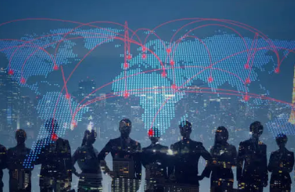 Silhouettes of people standing in front of a digital world map with connected networks, representing global digital citizenship and interconnected online communities.