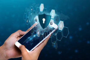 Unlocked smartphone lock Internet phone hand Business people press the phone to communicate in the Internet. Cyber security concept hand protection network with lock icon and virtual screens Space put message Blue tone