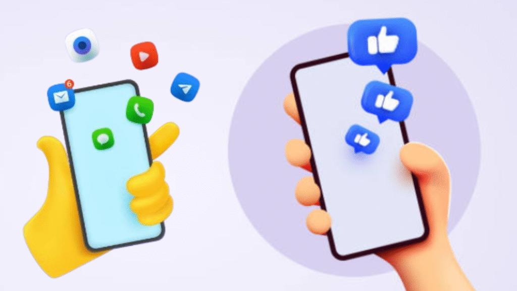 Two hands holding smartphones with social media and messaging app icons, symbolizing digital interaction and the importance of understanding website terms of use.