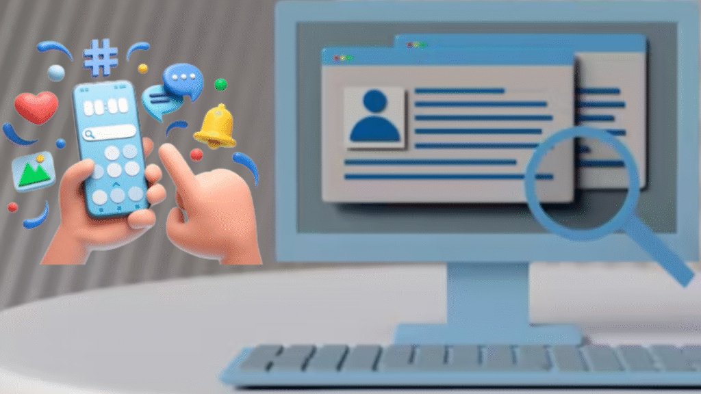 Visual representation of data protection showing a user interacting with a smartphone and digital profiles on a computer screen, complementing the topic 'How Your Data is Protected' as explained in the privacy policy.