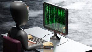 3D illustration of a hacker at a desk with code on screen for a cybersecurity blog post